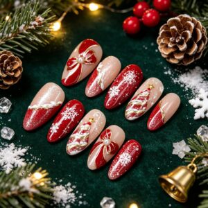 Gold Bow Pearl Nails - 3D Christmas Tree Set, 30pc