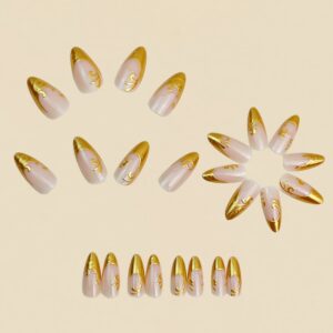 Gold Carved French Nails - Pink Nude Pointed Almond Set, 24pc