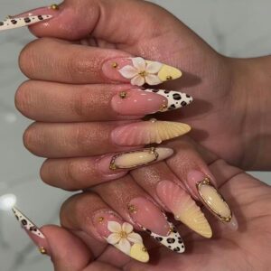 Gold Leopard Blush Nails - 3D Flower French Almond Set, 30pc