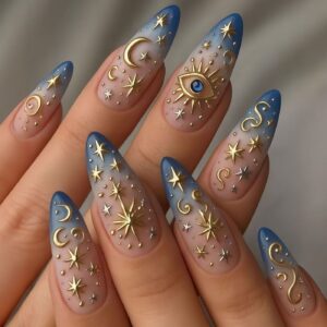 Gold Rhinestone Almond Nails - Embossed Relief Set, 24pc