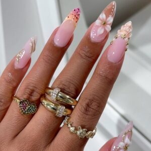 Gold Shell Flower Nails - Yellow Pink Ombre Handmade Set, 30pc