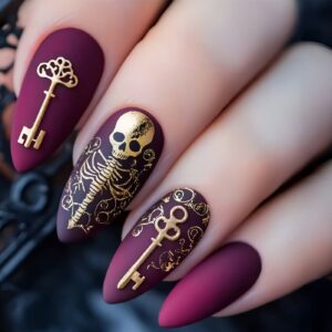 Gold Skull Nails - Halloween Almond Press-On Set, 24pc
