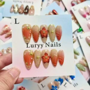 Gold Star Blush Nails - 3D Line Flower Almond Set, 30pc