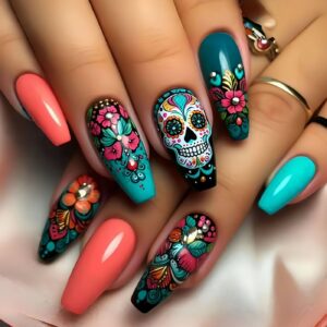 Halloween Ballet Nails - Botanical Skull Press-On Set, 24pc