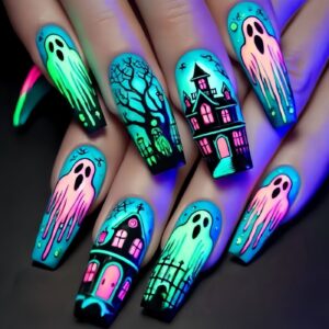Halloween Castle Nails - Blue Ghost Forest Long Ballet Set, 24pc