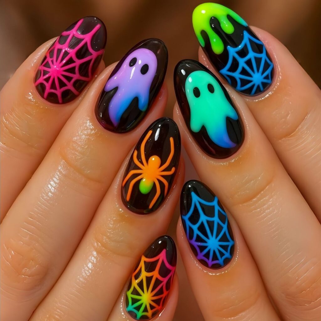 Glow in the dark Halloween press-on nails with neon ghost and spiderweb art
