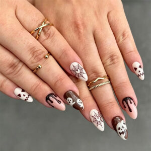 Halloween Ghost Face Nails - Minimal Almond Spiderweb Tips, 24pc
