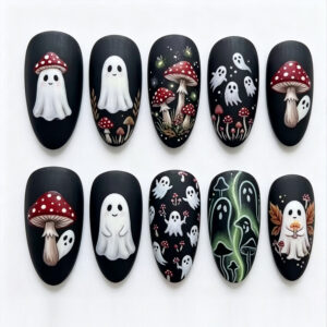 Halloween Ghost Mushroom Press-On Nails - Cute Cartoon Black Tips, 30pc
