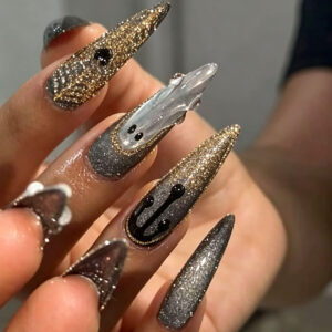 Halloween Ghost Spiderweb Nails - Long Coffin Glitter Heart Tips, 24pc