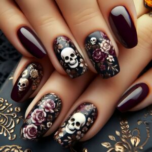 Halloween Skull Botanical Nails - Mid-Square Gothic Set, 24pc