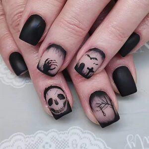 Halloween Skull Nails - Handmade Dark Short Square Set, 24pc