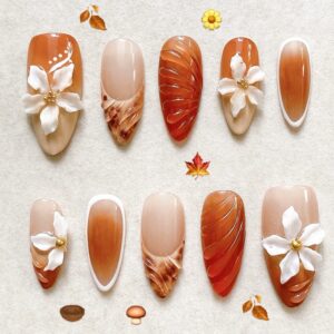 Leopard Edge 3D Flower Nails - Almond Handmade Autumn Set, 30pc
