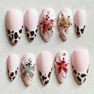 Leopard French 3D Nails - Almond Handmade Autumn Set, 30pc