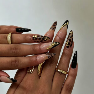 Leopard French Almond Press-On Nails - Black Nude Ombre Tips, 24pc