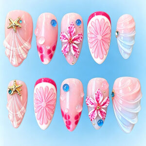 Multicolor Water Ripple Nails - 3D Shell Flower Summer Set, 30pc