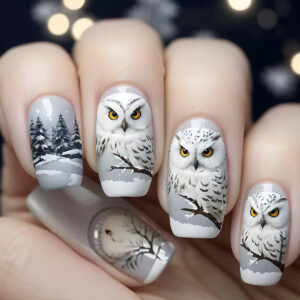 Owl Christmas Nails - Snowflake Tree Mid-Length Set, 24pc