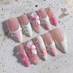 Pearl Water Ripple Nails - 3D French Almond Luxury Set, 30pc