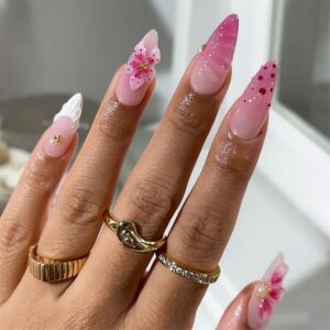 Pink Flower Long Coffin Nails - INS 3D Press-On Set, 30pc