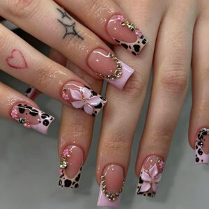 Pink Leopard French Press-On Nails - Short Square 3D Flower Tips, 24pc Glue-On Set