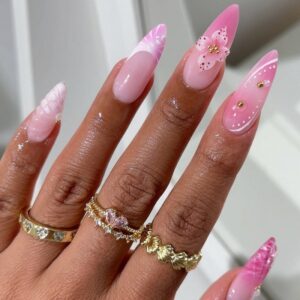 Pink Pearl Gold Flake Nails - INS Gradient Flower Set, 30pc