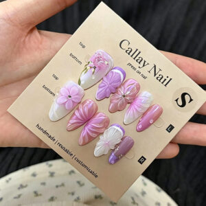 Pink Purple Butterfly Flower Nails - 3D Bubble Almond Set, 30pc
