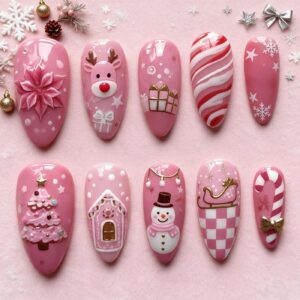Pink Reindeer Christmas Nails - Snowman Stripe 30pc Set