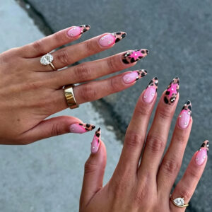Pink Rhinestone Leopard Nails - Sweet-Cool Almond Press-On Set, 24pc