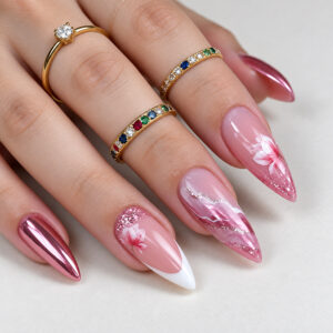 Pink Sakura Almond Nails - 3D Carved Glitter Ombre Set, 24pc