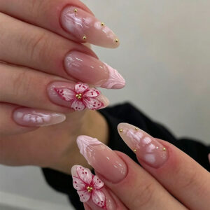 Pink Water Ripple Nails - 3D French Flower Almond Set, 30pc