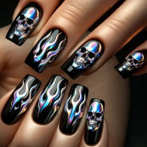 Punk Skull Flame Nails - Halloween Press-On Set, 24pc
