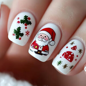 Red Santa Pattern Nails - Glossy Mid-Short Press-Ons, 24pc