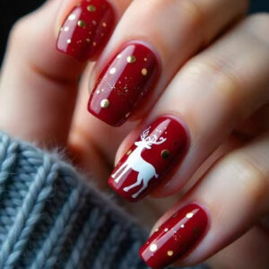 Red Snowflake Reindeer Nails - European Mid-Long Set, 24pc