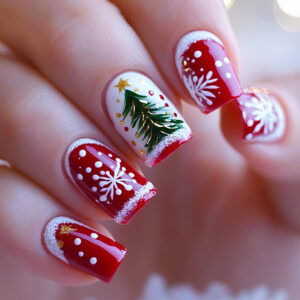Red White Christmas Nails - Snowflake Tree Premium Set, 24pc