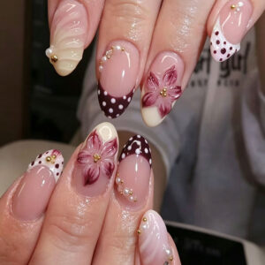 Red White Ombre Flower Nails - French Almond Polka Set, 30pc