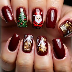 Santa Claus Nails - Red Christmas Tree Mid-Square Set, 24pc