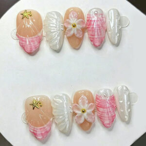 Shell Water Ripple Nails - Short Almond 3D Flower Set, 30pc