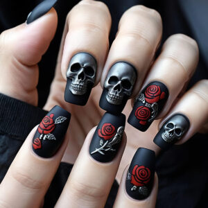 Skull Rose Nails - Red Gothic Halloween Press-Ons, 24pc