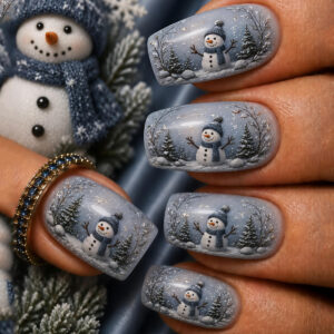 Snowman Christmas Nails - Blue Grey Tree Mid-Square Set, 24pc