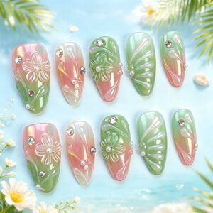 Summer 3D Carved Nails - Handmade Rhinestone Almond Set