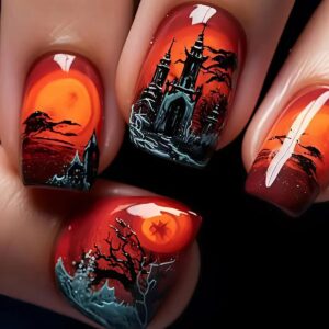 Sunset Castle Halloween Nails - Colorful Tree Short Square, 24pc