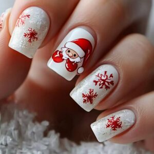 White Red Snowflake Nails - Santa Short Square Press-Ons, 24pc